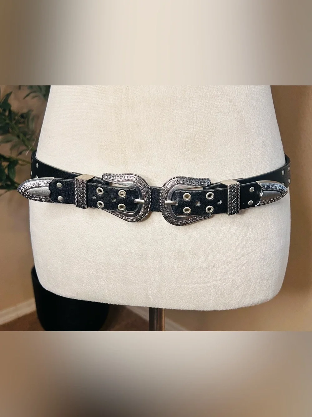 Engraved Double Buckle Belt Studded w/Rivets Retro